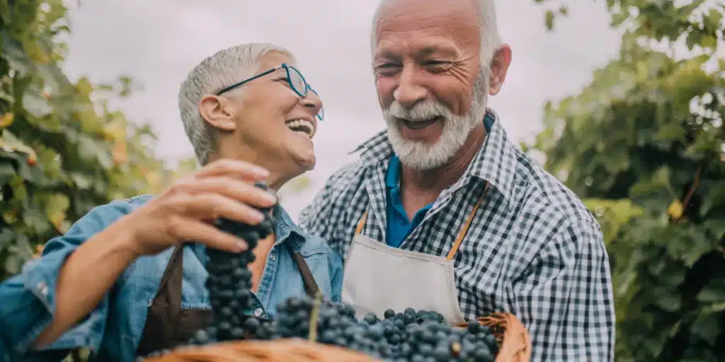 older couple happy picking berries