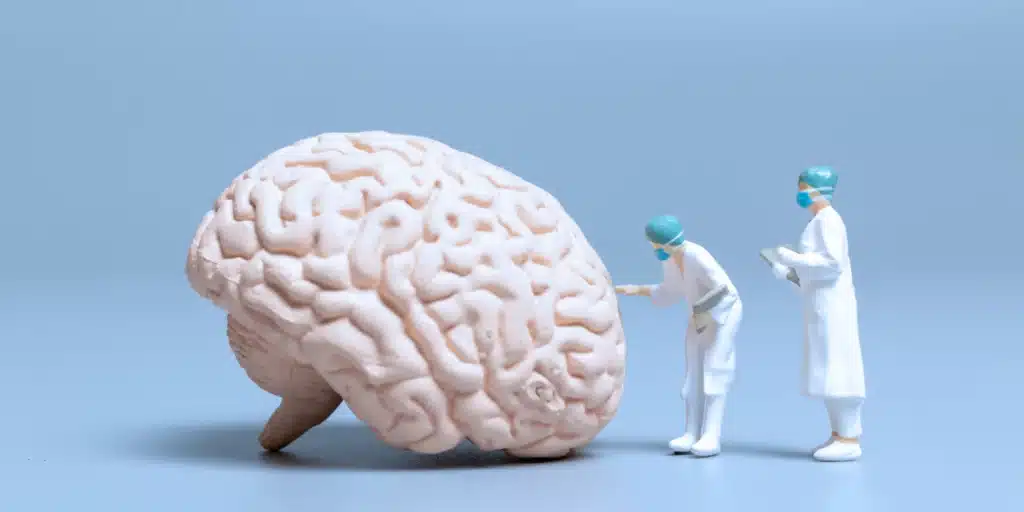 Two doctors (toy figures) touching a giant brain 